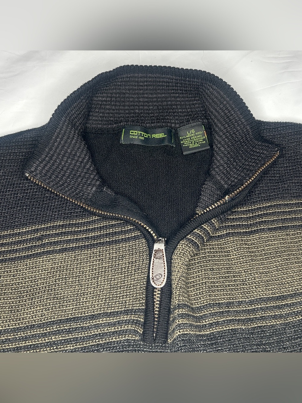 Large men’s Striped Knit Quarter Zip Sweater - Black with Earth Tone Stripes
